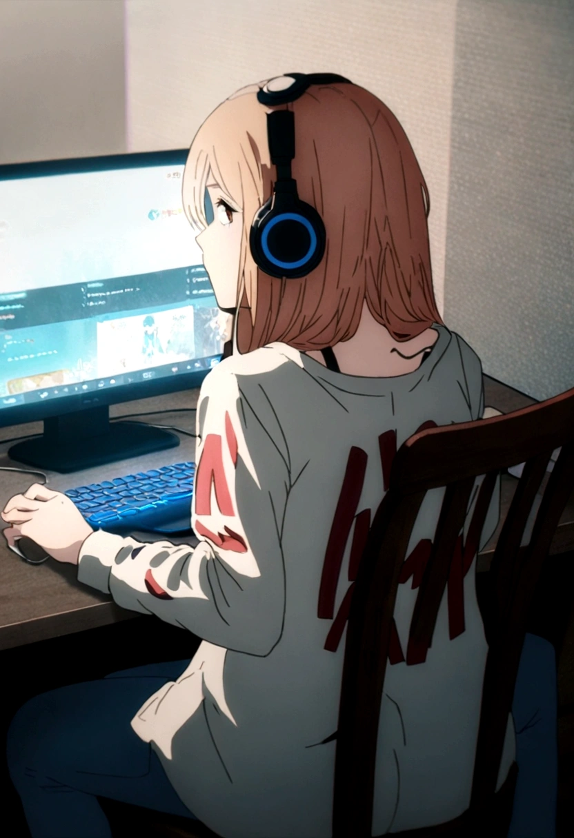 1 anime girl, wearing a shirt with the name harl written big on it, in the back, sitting on a chair, Wearing Headphones, playing on pc, focused on the game, with blue and red particles around.