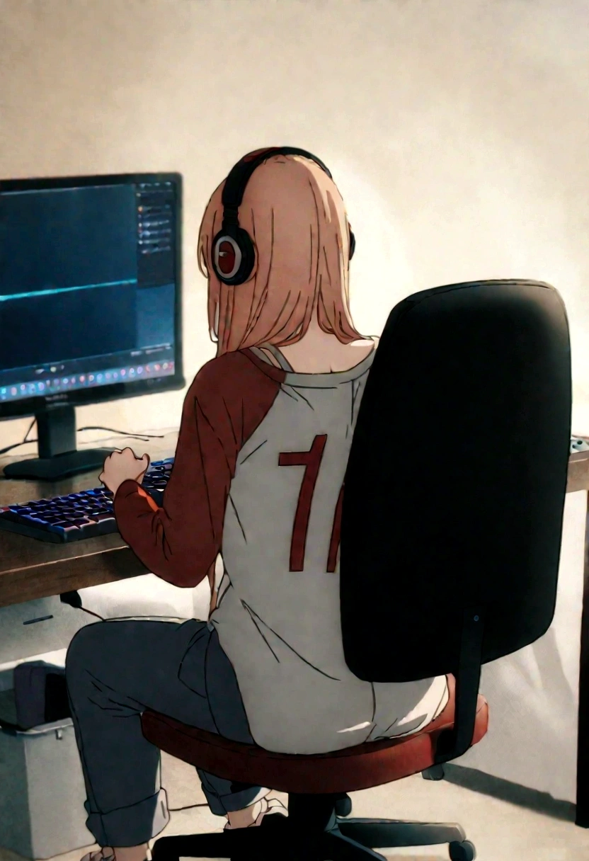 1 anime girl, wearing a shirt with the name harl written big on it, in the back, sitting on a chair, Wearing Headphones, playing on pc, focused on the game, with blue and red particles around.