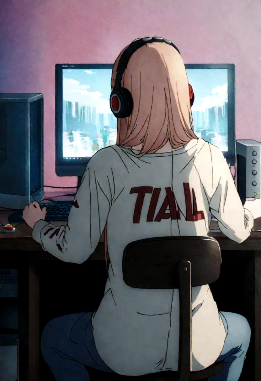 1 anime girl, wearing a shirt with the name harl written big on it, in the back, sitting on a chair, Wearing Headphones, playing on pc, focused on the game, with blue and red particles around.