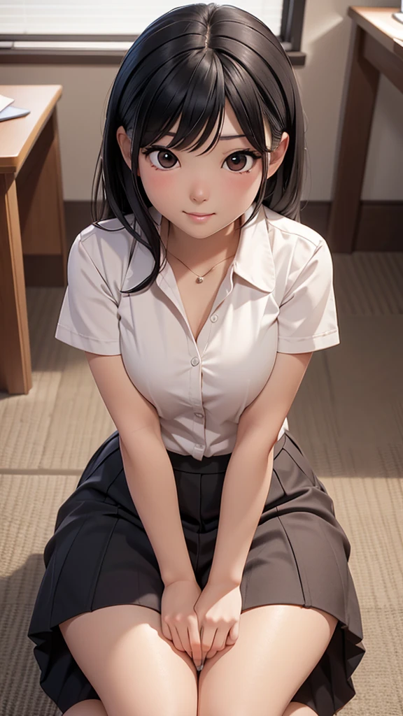 Risa, black haired japanese girl, sitting in classroom in , cute, beautiful, realistic style, highly detailed, 4k, look at camera, face close-up, (NUDE)