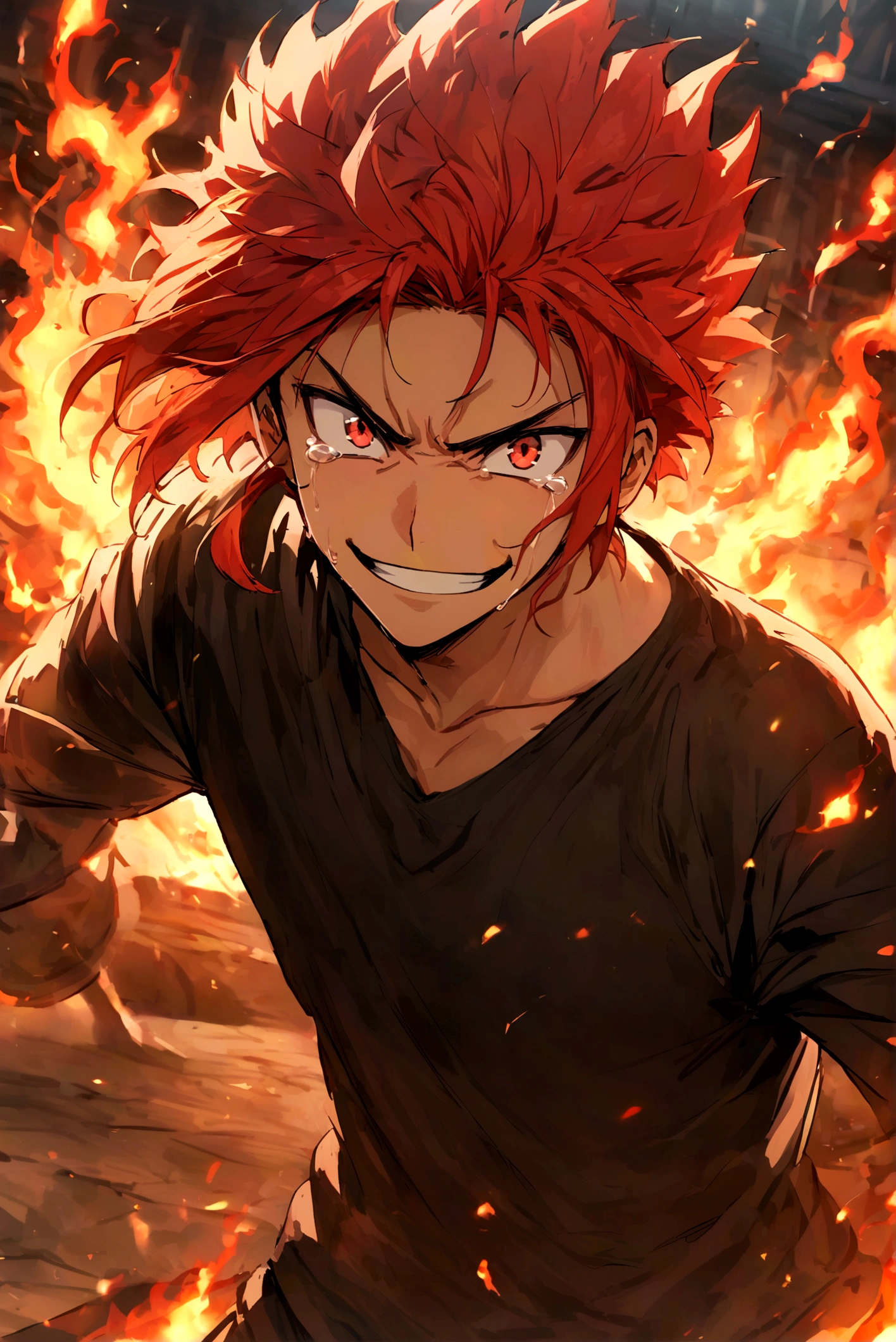 Teenage boy, hair spiked up, medium length hair, fiery red hair, serious face, excited smile, Eyes red, loose black shirt with burn tears, fire aura around the character, scene in an open-air fighting arena, lot of details