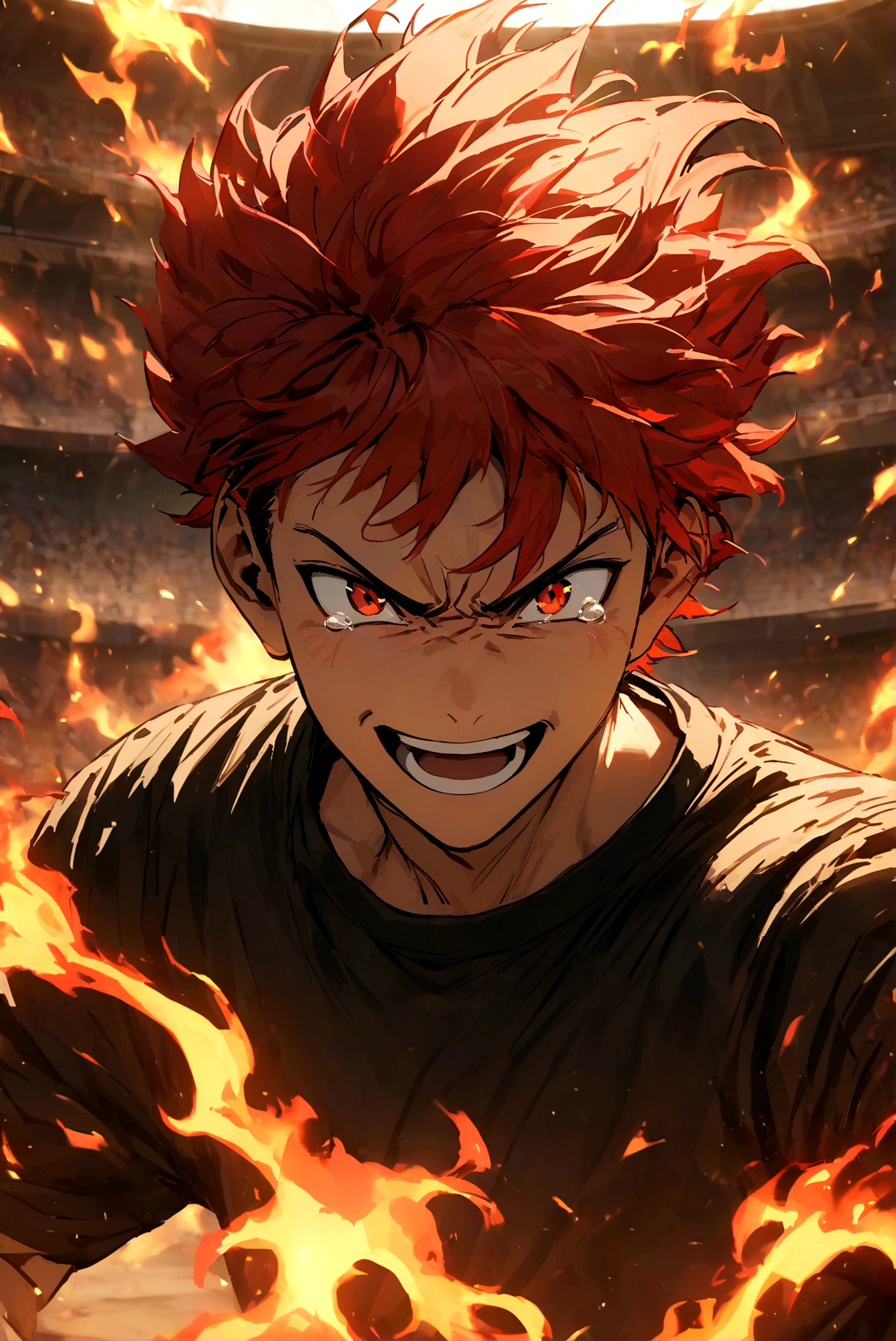 Teenage boy, hair spiked up, medium length hair, fiery red hair, serious face, excited smile, Eyes red, loose black shirt with burn tears, fire aura around the character, scene in an open-air fighting arena, lot of details