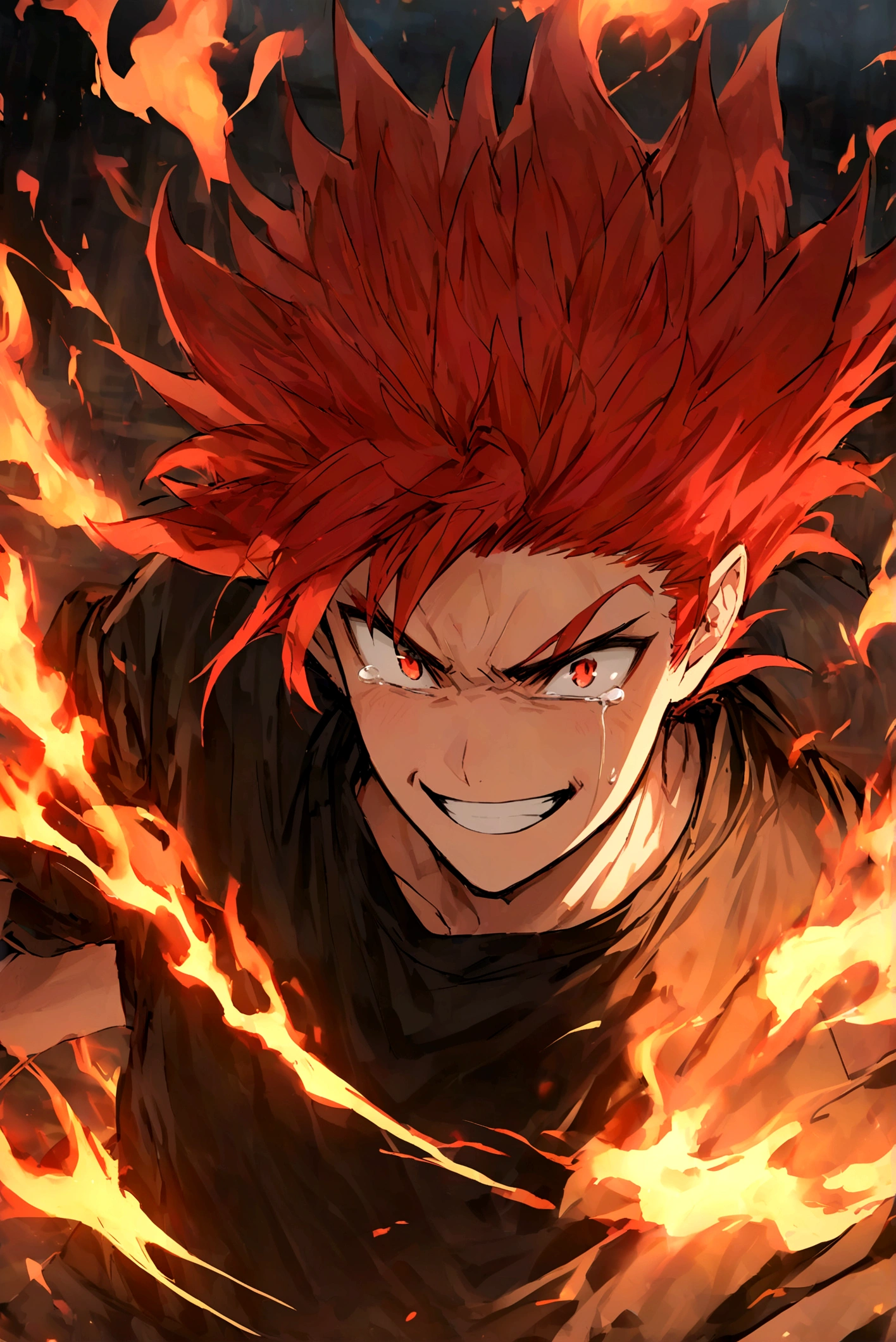 Teenage boy, hair spiked up, medium length hair, fiery red hair, serious face, excited smile, Eyes red, loose black shirt with burn tears, fire aura around the character, scene in an open-air fighting arena, lot of details