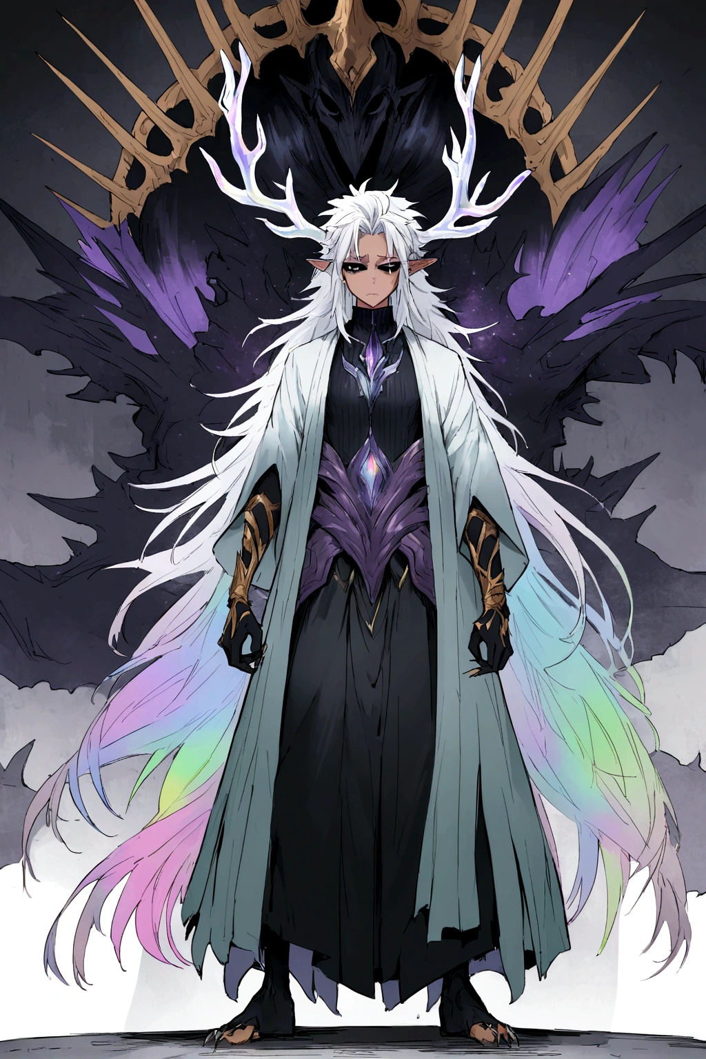 Solo, male , Character fusion: Nibelung fused with nidhoggr, odin and sun wukong, tall tanned man with wild unruly white hair, bangs on face, bangs, ((iridescent irises)), black sclera on eyes, long voluminous hair, spiky hair, pointy ears, fit , clawed fingers, dragon tail, open haori, turtleneck tanktop, dark crystal antlers, exhausted expression, khaenr'ah abyss, draconic person, calamity incarnate,  full body