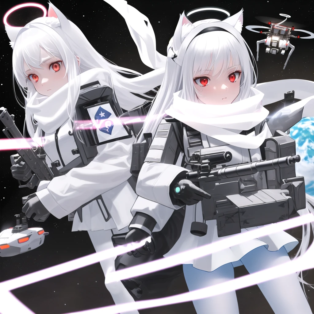 masterpiece, highest quality, highest resolution, clear_image, detailed details, White hair, long hair, cat ears, 1 girl, red eyes, light blue glowing military gear (with a short skirt and white pantyhose), sci-fi drones (drones flying around), white scarf (white scarf around the neck), gray futuristic halo (gray halo over the head), white futuristic wings, holding realistic gun, cute, no water marks, outer space (earth's orbit)