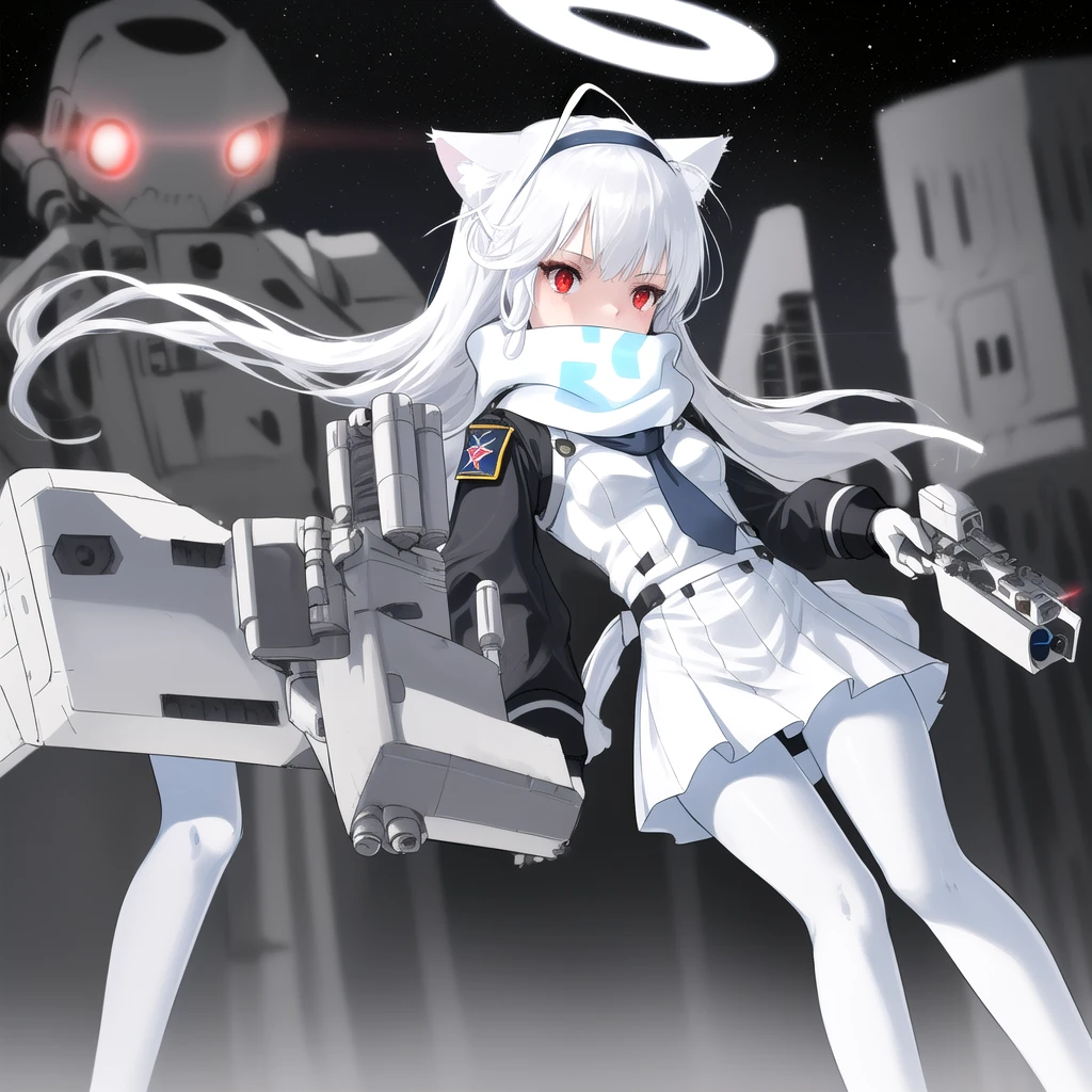 masterpiece, highest quality, highest resolution, clear_image, detailed details, White hair, long hair, cat ears, 1 girl, red eyes, light blue glowing military gear (with a short skirt and white pantyhose), sci-fi drones (drones flying around), white scarf (white scarf around the neck), gray futuristic halo (gray halo over the head), white futuristic wings, holding realistic gun, cute, no water marks, outer space (earth's orbit)