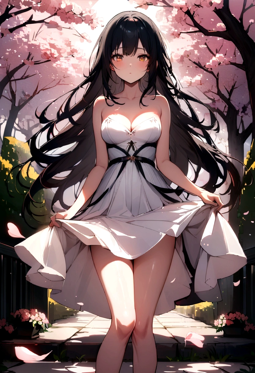 Lace,Ribbon,(masterpiece, Side Light, 精致beautiful灰色眼睛: 1.2), Medium breasts, Practical, Shiny hair,Black Hair,long hair, Glowing skin, Solitary, Awkward,Strapless,Beautifully,beautiful,garden,Flowers,Flying petals, Bare legs, Cherry blossoms, light, Composition, Rich expression