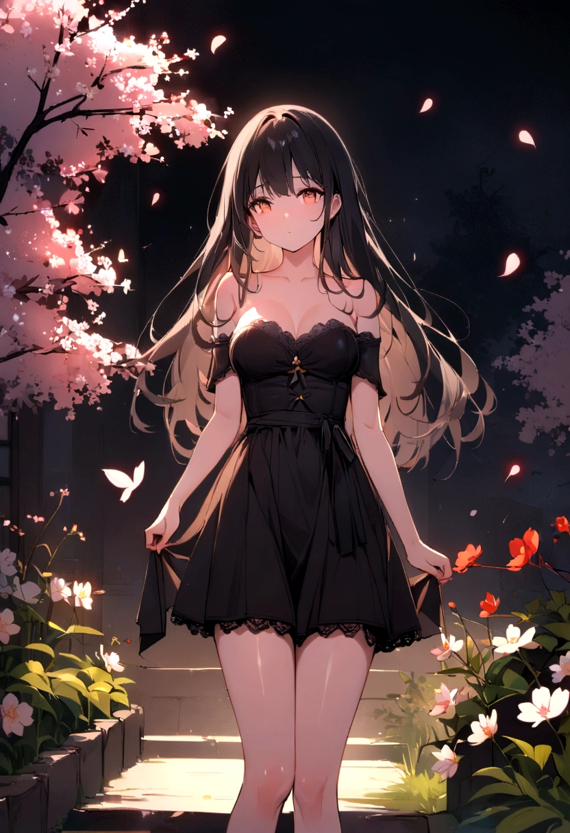 Lace,Ribbon,(masterpiece, Side Light, 精致beautiful灰色眼睛: 1.2), Medium breasts, Practical, Shiny hair,Black Hair,long hair, Glowing skin, Solitary, Awkward,Strapless,Beautifully,beautiful,garden,Flowers,Flying petals, Bare legs, Cherry blossoms, light, Composition, Rich expression