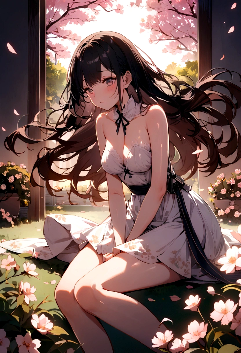 Lace,Ribbon,(masterpiece, Side Light, 精致beautiful灰色眼睛: 1.2), Medium breasts, Practical, Shiny hair,Black Hair,long hair, Glowing skin, Solitary, Awkward,Strapless,Beautifully,beautiful,garden,Flowers,Flying petals, Bare legs, Cherry blossoms, light, Composition, Rich expression