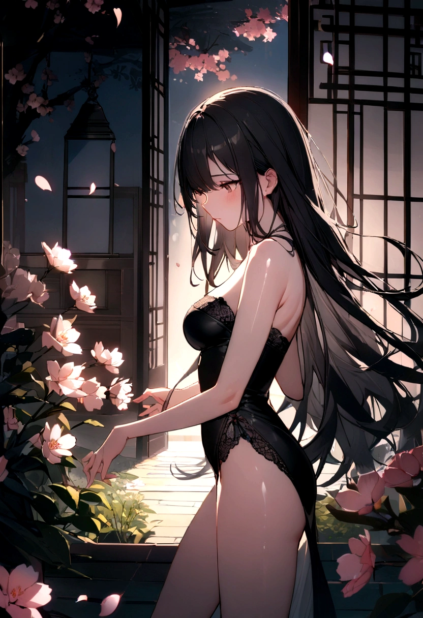 Lace,Ribbon,(masterpiece, Side Light, 精致beautiful灰色眼睛: 1.2), Medium breasts, Practical, Shiny hair,Black Hair,long hair, Glowing skin, Solitary, Awkward,Strapless,Beautifully,beautiful,garden,Flowers,Flying petals, Bare legs, Cherry blossoms, light, Composition, Rich expression