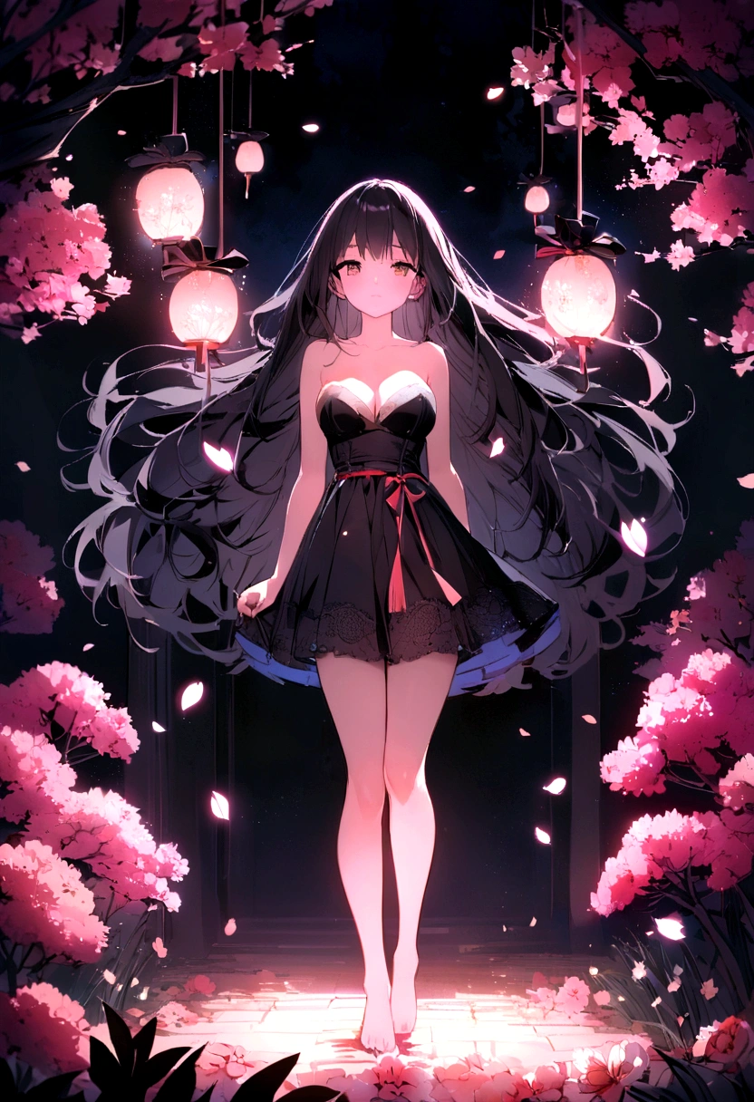 Lace,Ribbon,(masterpiece, Side Light, 精致beautiful灰色眼睛: 1.2), Medium breasts, Practical, Shiny hair,Black Hair,long hair, Glowing skin, Solitary, Awkward,Strapless,Beautifully,beautiful,garden,Flowers,Flying petals, Bare legs, Cherry blossoms, light, Composition, Rich expression