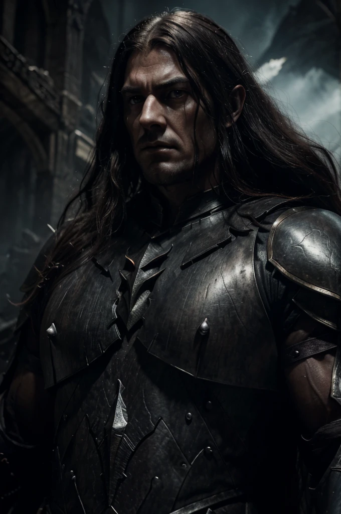sauron, lord of the rings, terrifying body, dark fantasy, epic fantasy, cinematic, dramatic lighting, chiaroscuro, muscular figure, imposing presence, powerful, malevolent, detailed facial features, piercing eyes, long hair, dark armor, menacing, hyper-realistic, 4k, detailed textures, photorealistic, masterpiece