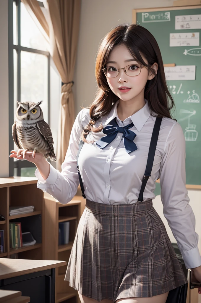 joy character playfully dressed as a teacher with several owls