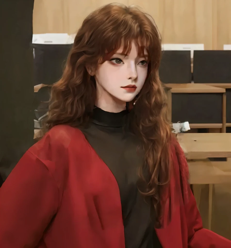 Long reddish-brown hair,Slightly curly hair after perm