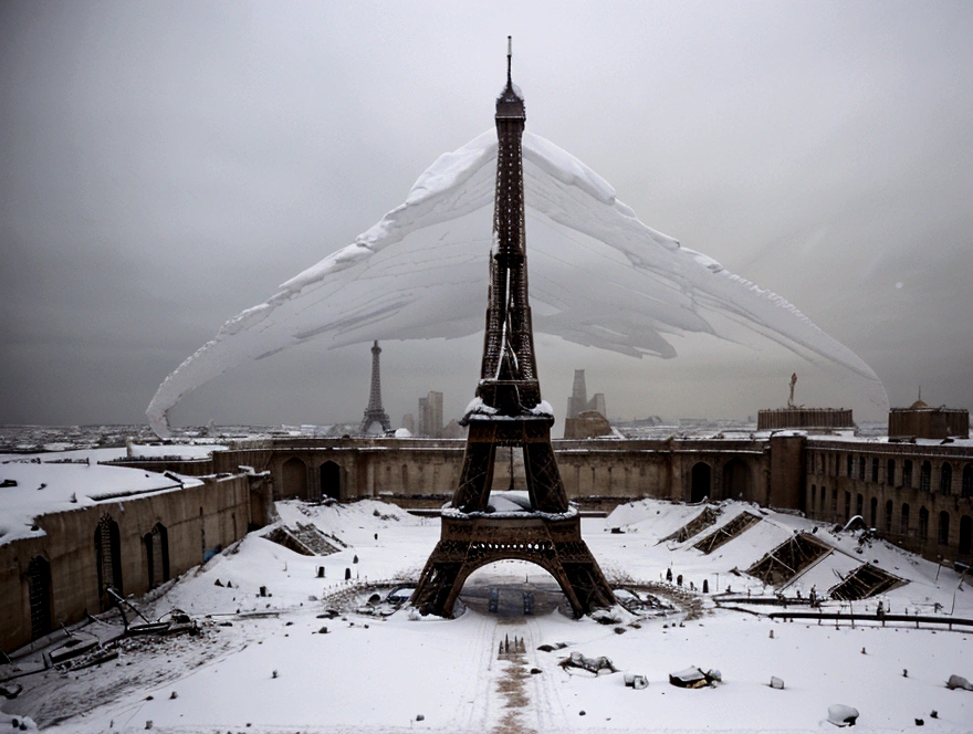 cinematic shot, catastrophic movie, decayed ruins of a partially destroyed eiffel tower, buried in snow, heavy snow storms, ice desert, covered by snow