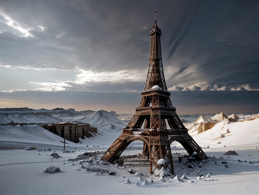cinematic shot, catastrophic movie, decayed ruins of a partially destroyed eiffel tower, buried in snow, heavy snow storms, ice desert, covered by snow
