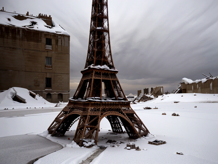 cinematic shot, catastrophic movie, decayed ruins of a partially destroyed eiffel tower, buried in snow, heavy snow storms, ice desert, covered by snow