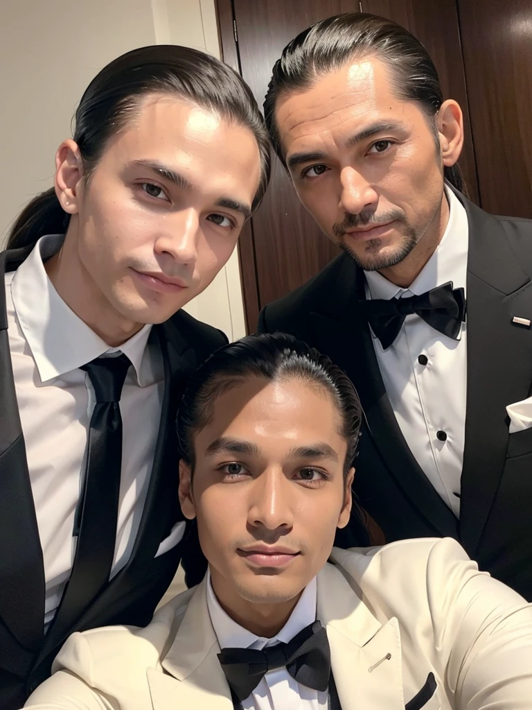 A man with his bangs down and a man with his hair slicked back and a ponytail are taking a selfie together, suit, Luxury, Japanese