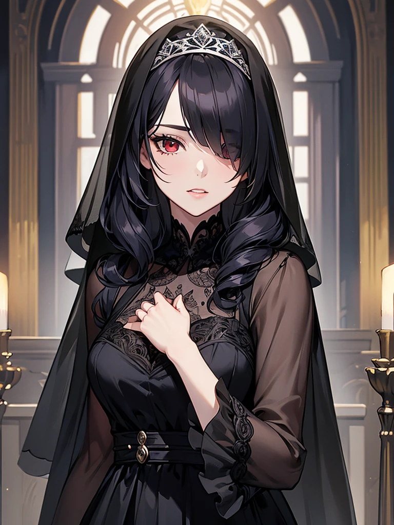 (Super detailed:1.3), ((((best quality)))), ((masterpiece)), female focus, solo,hotify, stunning beauty, powerful glow, detailed face, detailed eyes, detailed lips,castle interior background,(nighttime),moonlight,((black hair)),long hair, black mourning dress,((mourning veil)),red eyes, (pale skin:1.2),melancholic expression,straight bangs,bangs covering forehead,almond-shaped eyes,very cute face,cowboy shot, (hair over one eye),sheer sleeves,2 arms