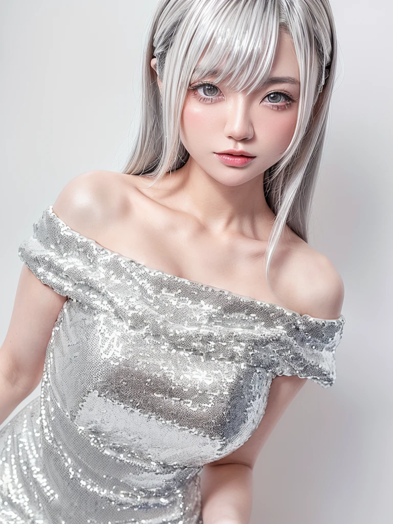 (((amount、white 、Asian woman、beautiful girl、、Silver Hair、white Background、)))、Tabletop, Highest quality, shape, Very detailed, finely, High resolution, 8k wallpaper, Perfect dynamic composition, finelyて美しい目, Deco Out, ((Medium Hair 1.5)),((( Small Breasts 1.5,Slender body type 1.5)))、 Natural color lip,white Background, Random cute poses,、(((Silver sequin dress 1.5)))、Off the shoulder、whiteのハイレグ1.4