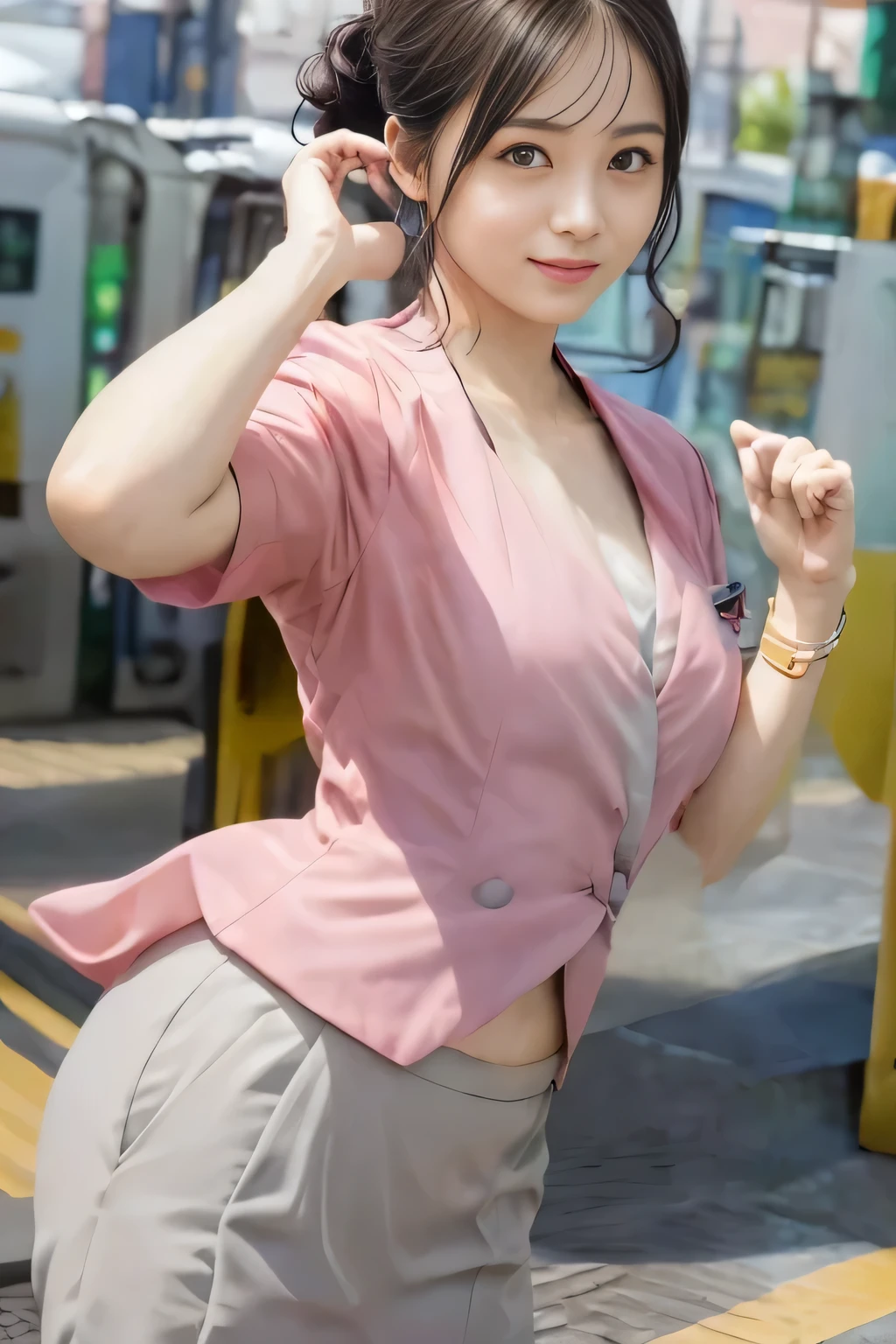 Showing your belly button、(masterpiece:1.2, Highest quality:1.2), 32k HDR, High resolution, (alone、1 girl)、 (Height: 160cm)、(On the rooftop of a building in the daytime、Professional Lighting)、Building rooftop background、(Nankai train crew uniform pinkを着たリアルスタイル)、(Nankai train crew uniform pink short sleeve collarless pink jacket、Nankai Train Crew Uniform Pink Collarless Short Sleeve Blouse、Nankai Train Crew Uniform Pink Grey Knee-length Culottes)、(The pink jacket is showing from the culottes.)、Dark brown hair、(Hair tied up、Hair tied up、Evening curly hairstyle)、Dark brown hair、Long Shot、Big Breasts、Thin legs、((Great hands:2.0)),((Harmonious body proportions:1.5)),((Normal limbs:2.0)),((Normal finger:2.0)),((Delicate eyes:2.0)),((Normal eyes:2.0)))、smile、(Nankai Train Crew Uniform Pink Grey Knee-length Culottesを見せた美しい歩く姿)、Place your hands around your stomach、Lanyard employee ID card