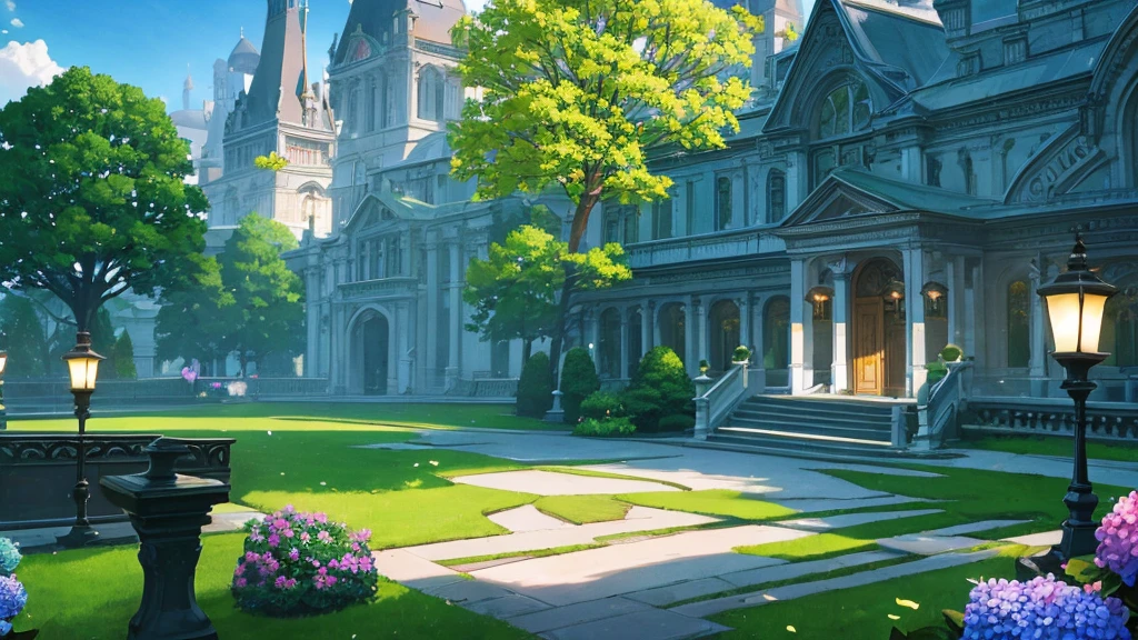 A classic style magic academy, large academy building, a large frontyard, filled with green trees, colorful hydrangea, a bench, a classic lamps, front-view