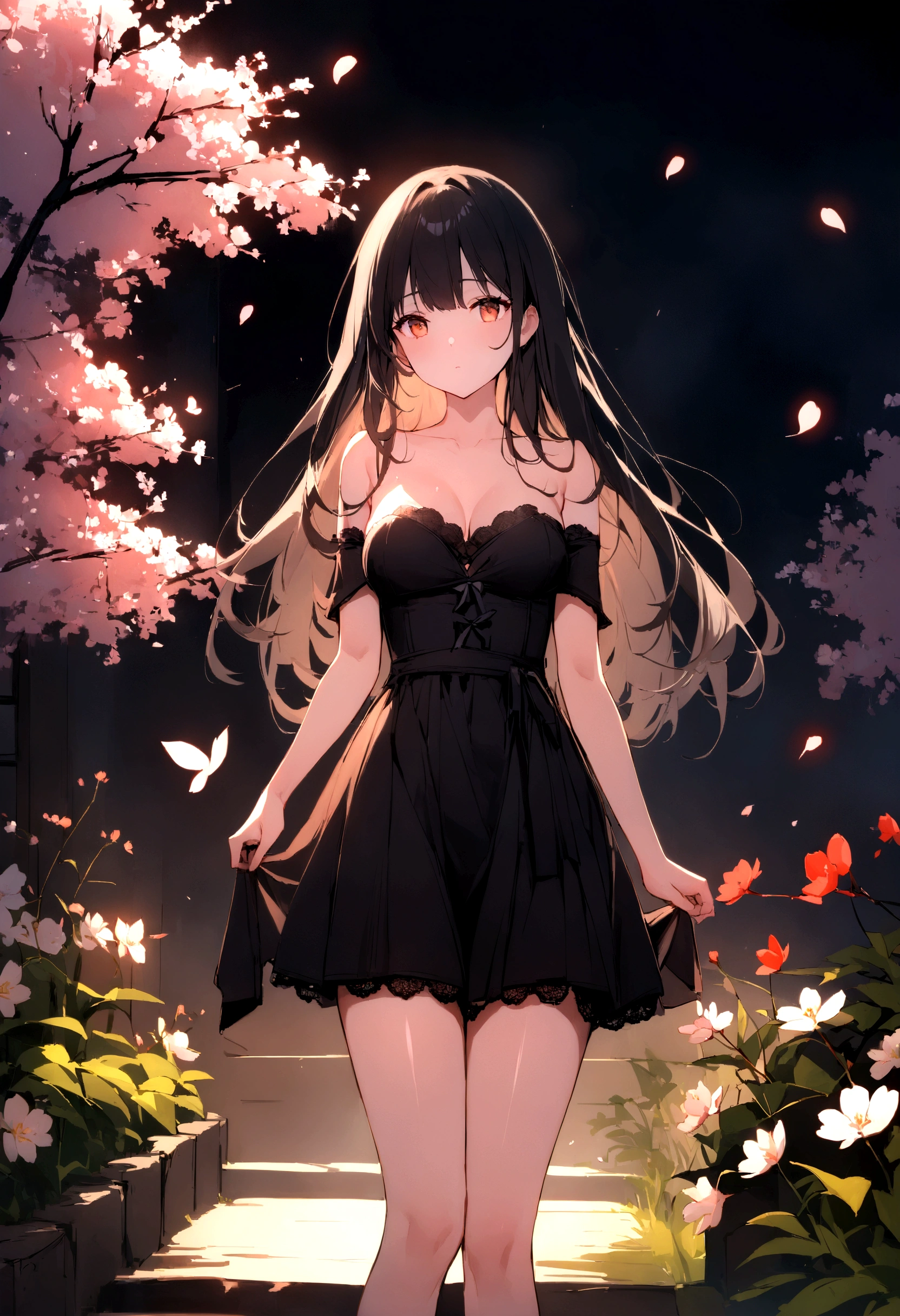 Lace,Ribbon,(masterpiece, Side Light, 精致beautiful灰色眼睛: 1.2), Medium breasts, Practical, Shiny hair,Black Hair,long hair, Glowing skin, Solitary, Awkward,Strapless,Beautifully,beautiful,garden,Flowers,Flying petals, Bare legs, Cherry blossoms, light, Composition, Rich expression