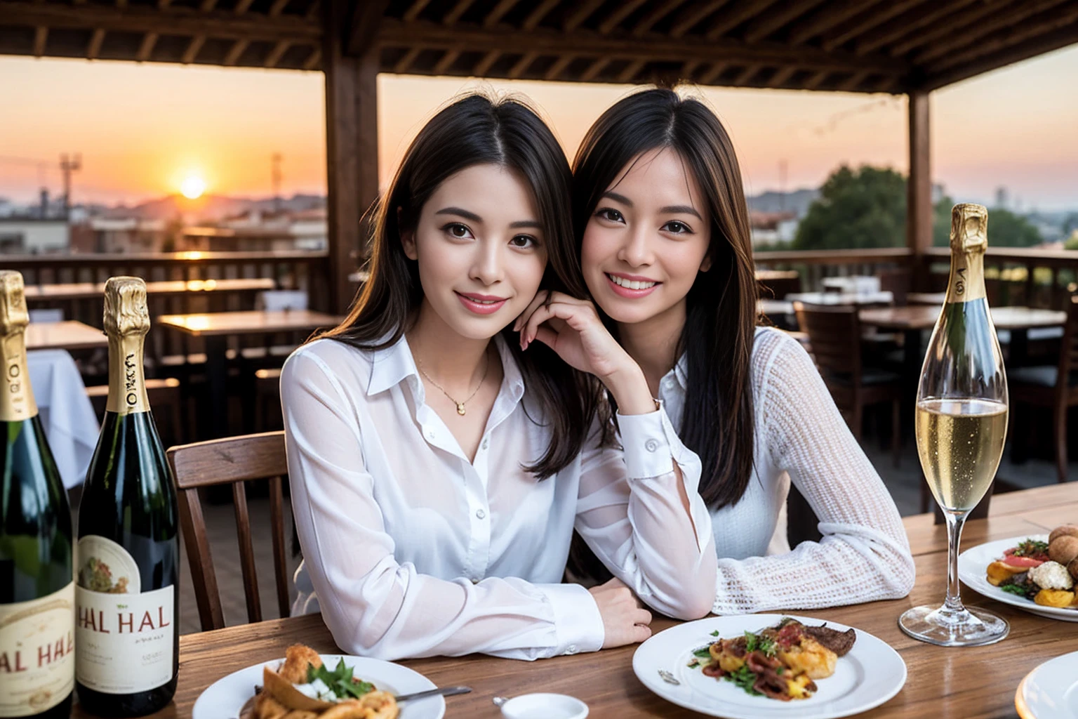 ((Highest quality、、masterpiece:1.3))、1 male、1 female、spouse、Beautiful couple、smile、full-course dinner、 (Slim face), (the body is ス??), (Brown Hair), (Shortcuts), ((Bob Hale、Straight hair:1.2)), テーブルの上のwine glass、Shine light on your face、 Amazing view of the sunset sky and clouds、smileの美しさ、Bright image、Blushing, Shortcuts, (43 years old), 39 years old, Appetizers、Italian food、Wine bottle、Champagne、sparkling wine、Long sleeve shirt、dress、Attractive beauty、restaurant, Nova Frog Style, actress, model, Upper Body, White wine, red wine, wine glass,