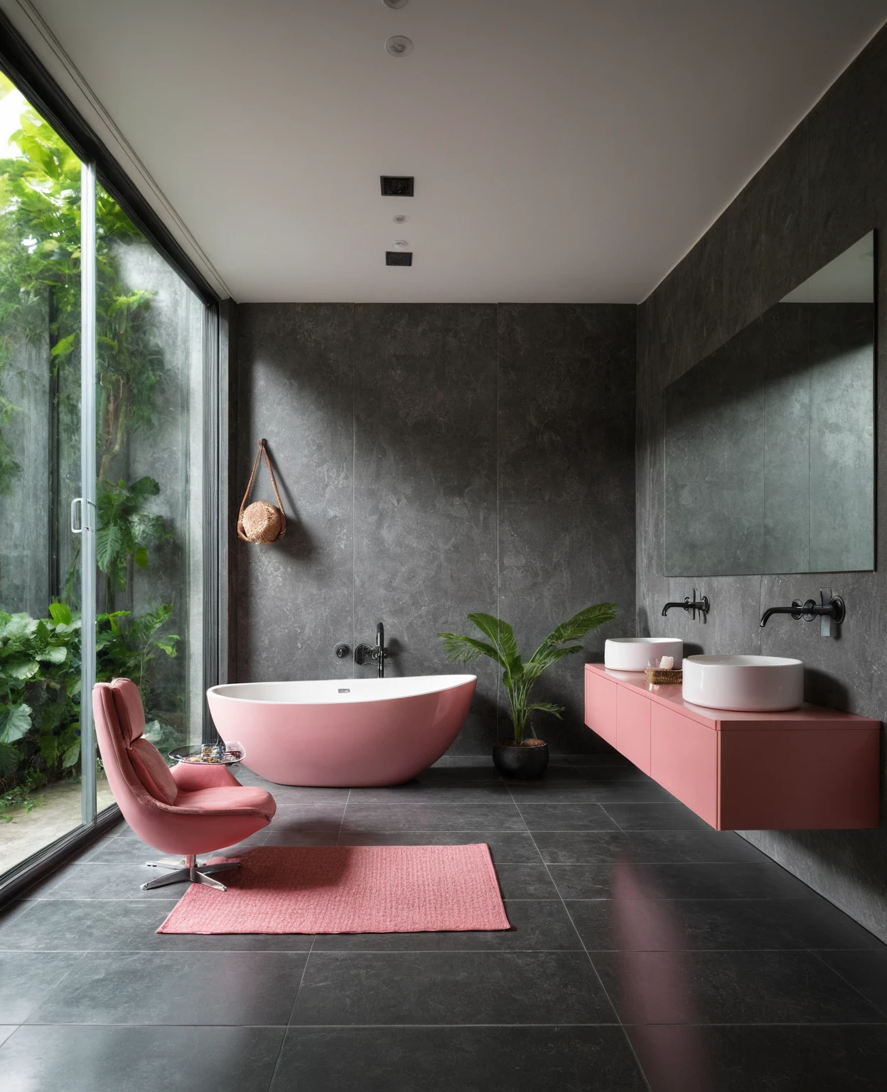 Raw photo,Masterpiece, high quality, best quality, authentic, super detail, interior, bathroom style modern, sunset, day light, window,ALUMINUM GLASS DOORS , overlooking tropical garden, ((black and pink tones)), bathtub, faucet, shower, lavatory, glass wall,  bottles, mirror, lavabo, cabinet, wall tiles mosaic, carpet, armchair and table tea, towel and towel hook,