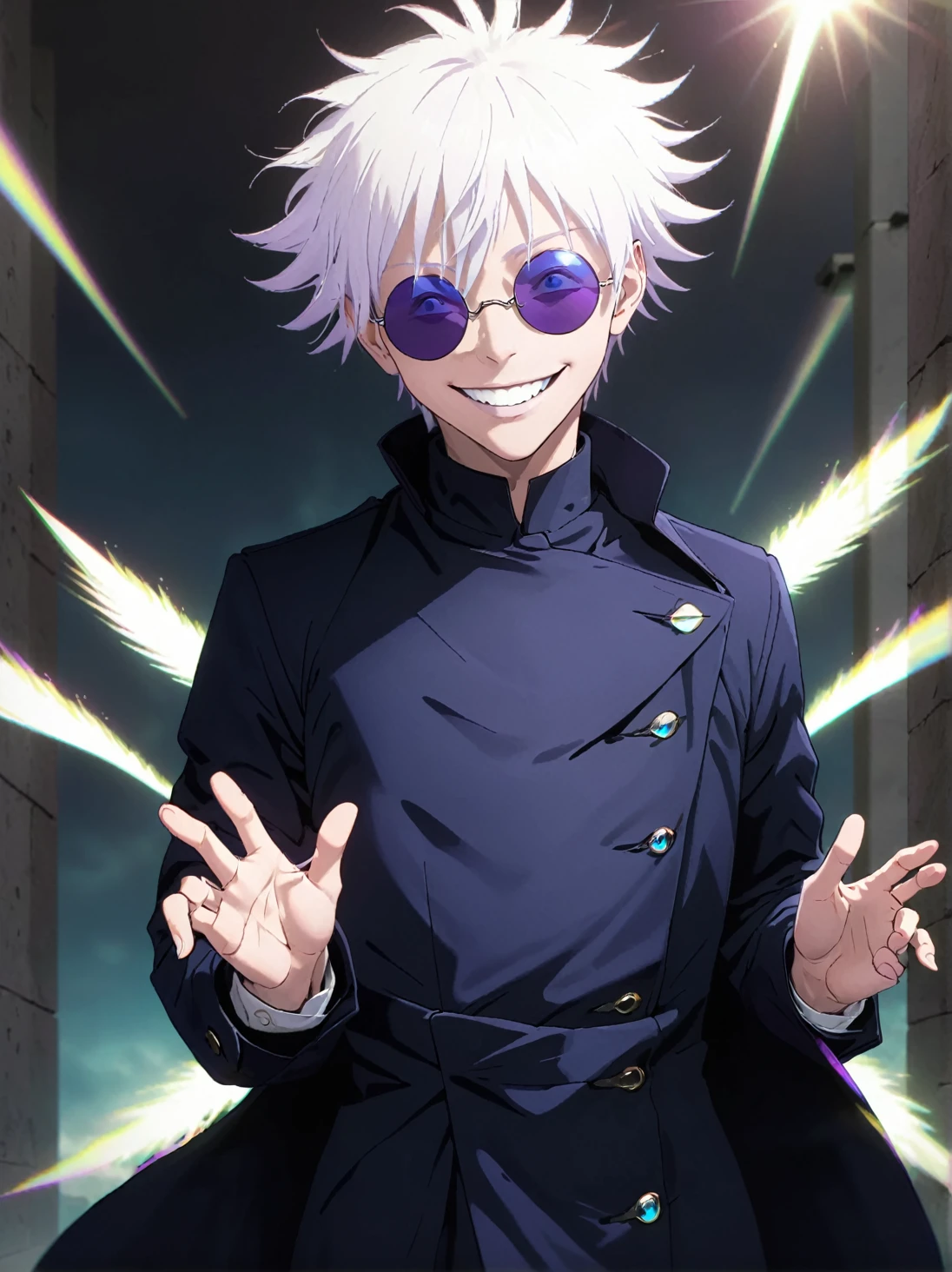 albino boy with blue eyes, a black trench coat and navy blue clothes, dark sunglasses and a cheerful smile, In addition to releasing purple rays from his hands