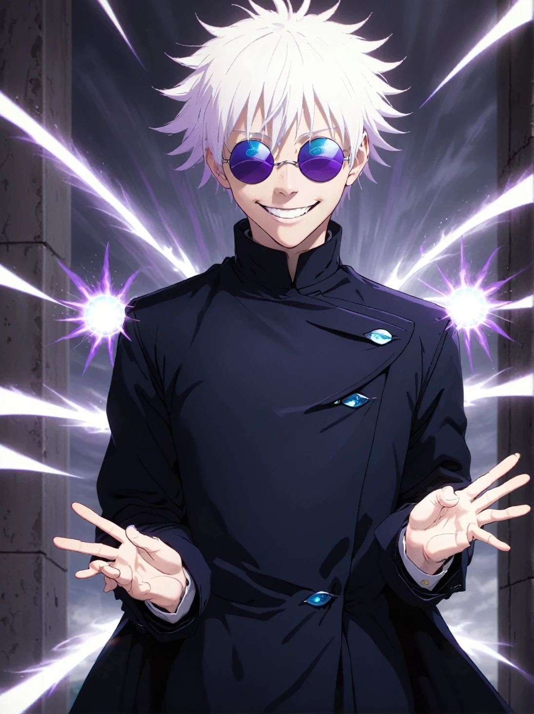 albino boy with blue eyes, a black trench coat and navy blue clothes, dark sunglasses and a cheerful smile, In addition to releasing purple rays from his hands