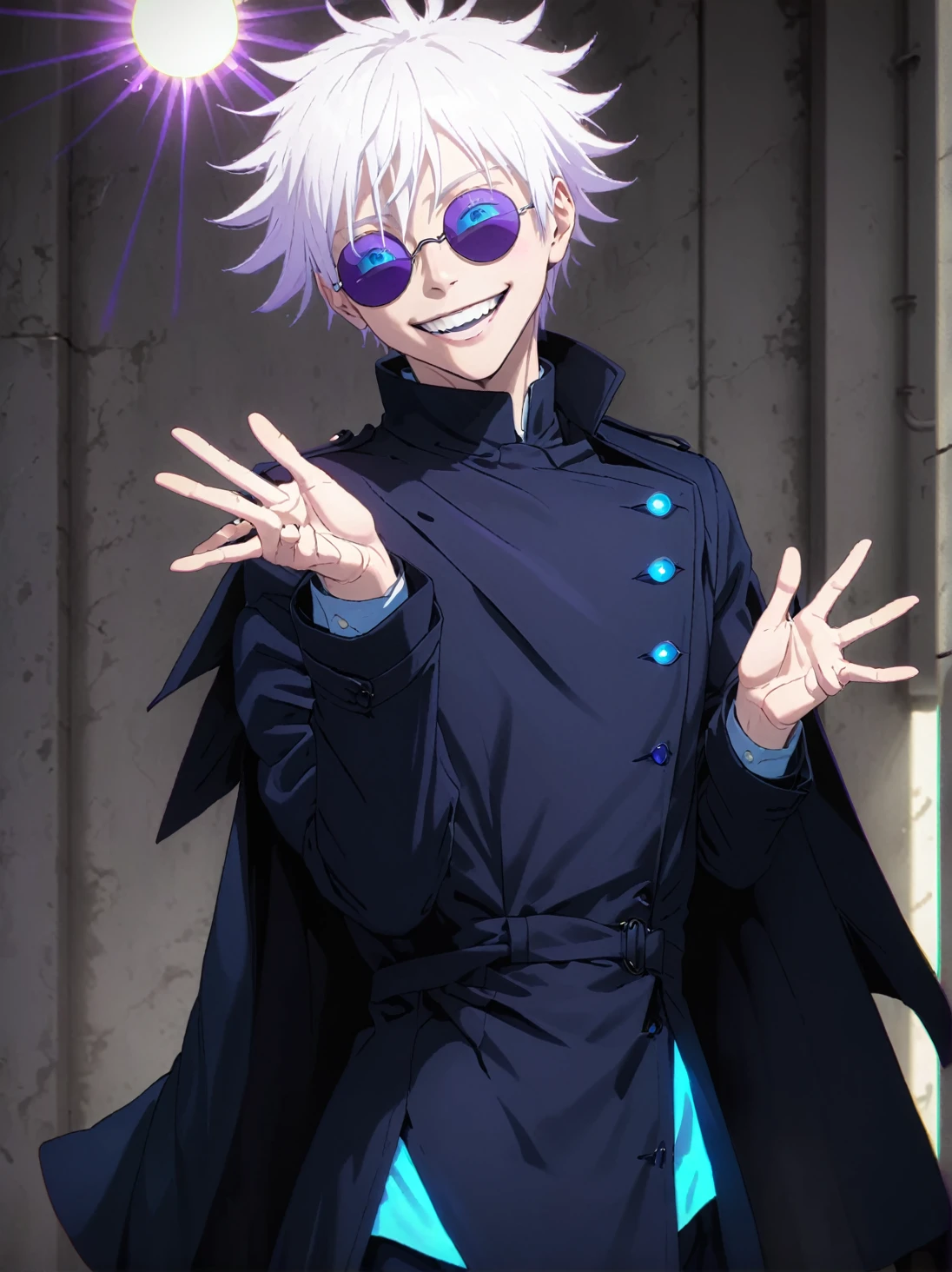 albino boy with blue eyes, a black trench coat and navy blue clothes, dark sunglasses and a cheerful smile, In addition to releasing purple rays from his hands