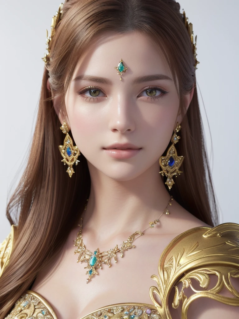 A beautiful girl in a white background, detailed portrait of a woman in the style of Final Fantasy XVI, (best quality,4k,8k,highres,masterpiece:1.2),ultra-detailed,(realistic,photorealistic,photo-realistic:1.37),concept art,exquisite,elegant,glowing skin,delicate features,piercing eyes,intricate hairstyle,ornate jewelry,flowing dress,dramatic lighting,vivid colors,fantasy,magical