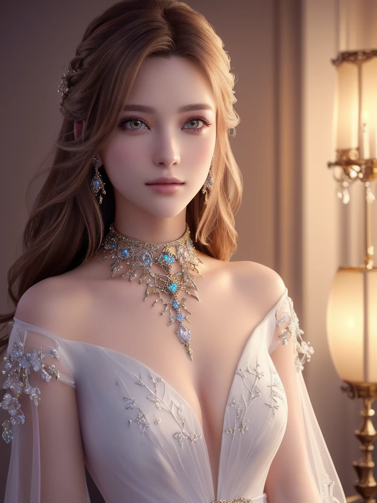 A beautiful girl in a white background, detailed portrait of a woman in the style of Final Fantasy XVI, (best quality,4k,8k,highres,masterpiece:1.2),ultra-detailed,(realistic,photorealistic,photo-realistic:1.37),concept art,exquisite,elegant,glowing skin,delicate features,piercing eyes,intricate hairstyle,ornate jewelry,flowing dress,dramatic lighting,vivid colors,fantasy,magical