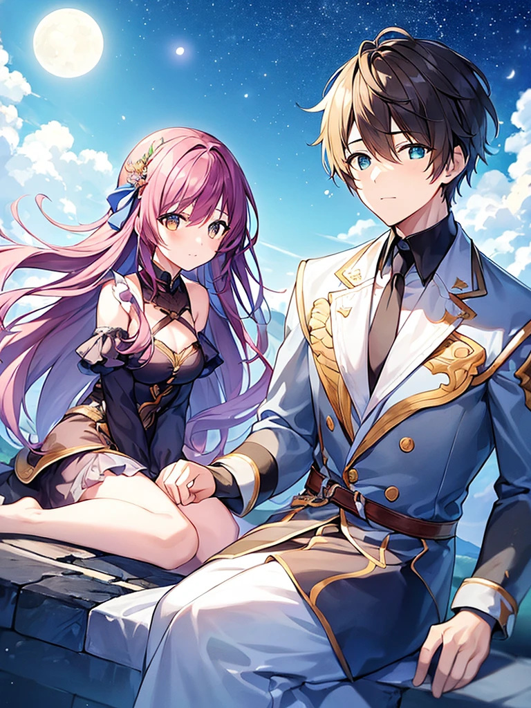 A boy and girl on a mountain top sitting night sky filled with stars looking at , (two moons) , colorful sky, wallpaper, 4k quality.