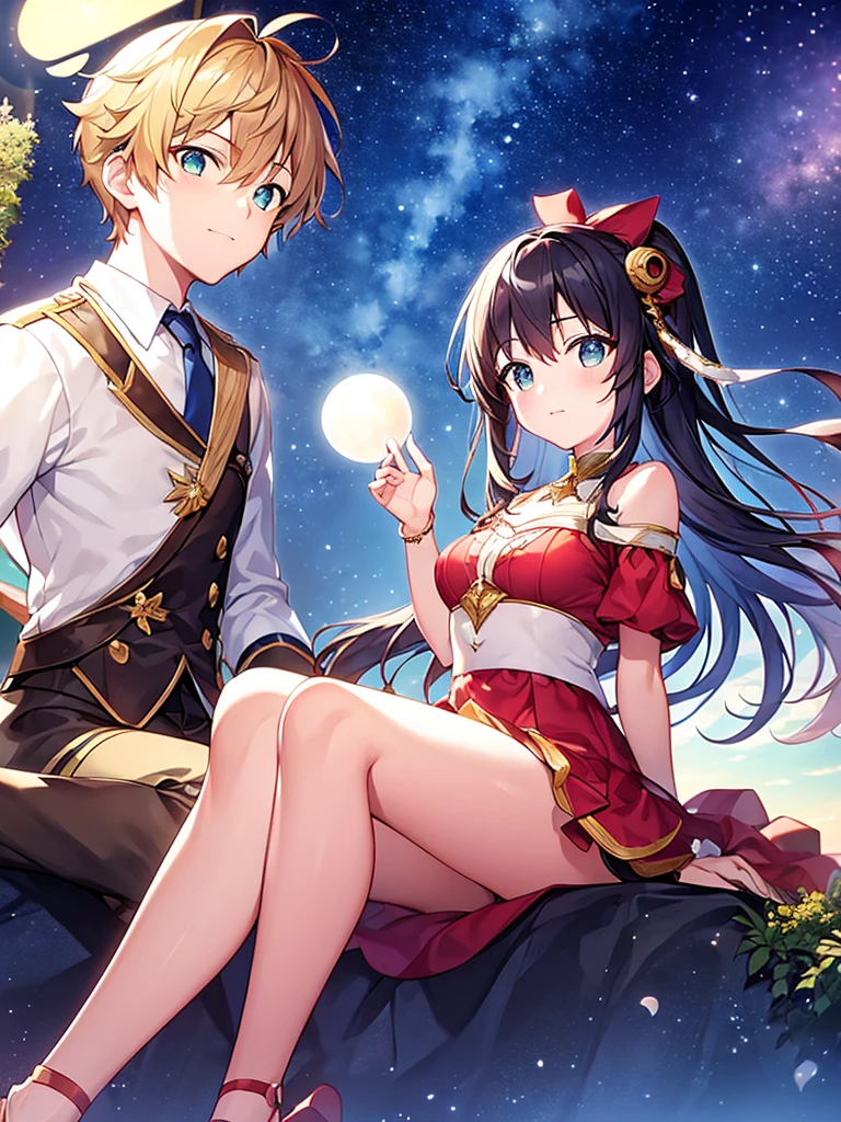 A boy and girl on a mountain top sitting night sky filled with stars looking at , (two moons) , colorful sky, wallpaper, 4k quality. 