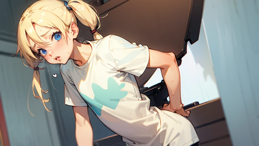 nsfw,(Petite),(boy),blonde low twintails,lips,T-Shirts,Front pose,Sweat,White Breath,Viewers from the front,Standing posture,T-Shirtsをめくる