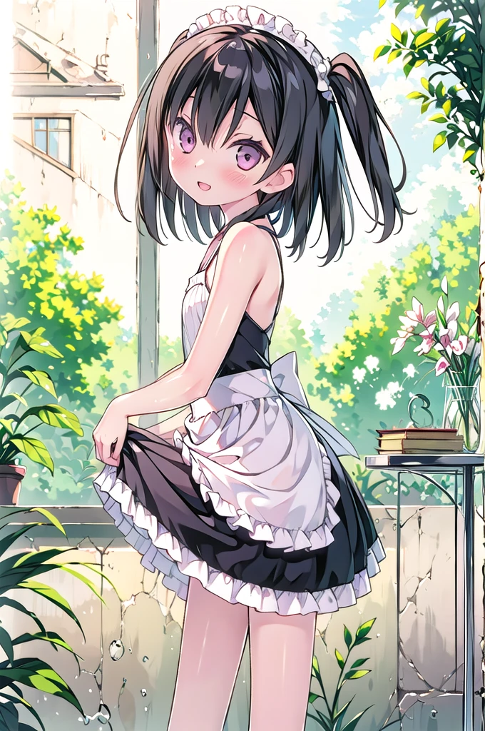 (frilled maid,long skirt,white stockings),((in kantoku style,illustration,masterpiece,highest quality,Ultra-high resolution,Highly detailed 8k wallpaper,Very condensed one girl,Delicate and beautiful features,Beautiful fine details,Beautiful lighting )),living room,View Viewer,face and body straight at the camera,pigeon toed,Shyness,light smile,open mouth,nervous smile,13 years old,slender,middle hair, little two side up,flat chest,shiny hair,Fair skin,Straight black hair