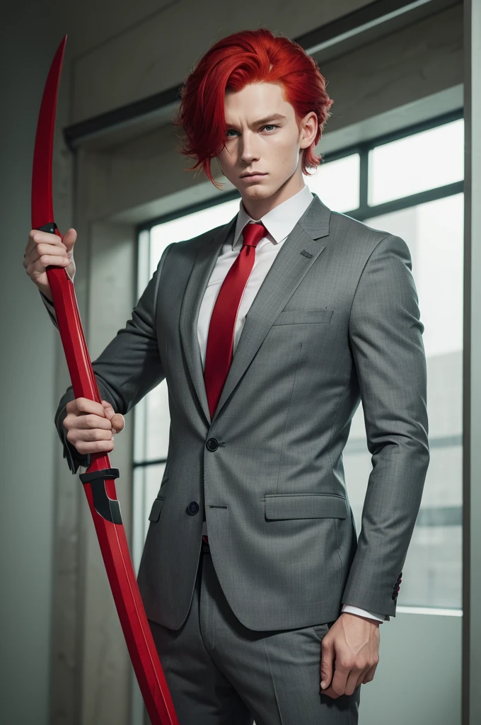 Red haired boy, greeneyes, wearing gray suit red tie, wielding large scythe with serrated green blade