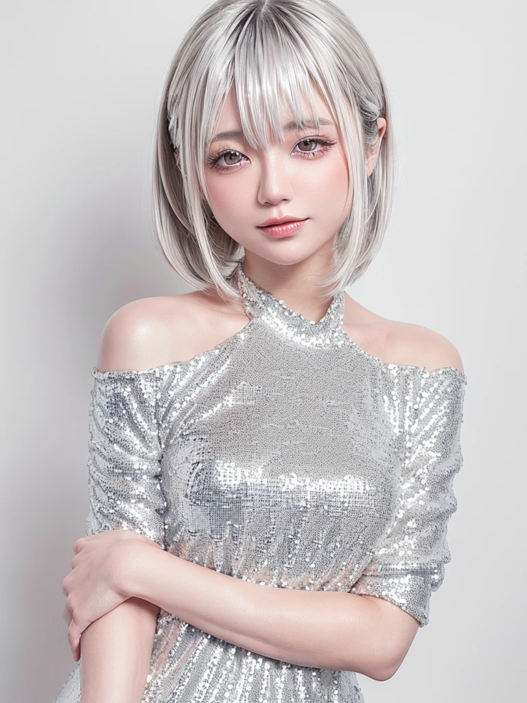 (((amount、white 、Asian woman、beautiful girl、、Silver Hair、white Background、)))、Tabletop, Highest quality, shape, Very detailed, finely, High resolution, 8k wallpaper, Perfect dynamic composition, finelyて美しい目, Deco Out, ((Medium Hair 1.5)),((( Small Breasts 1.5,Slender body type 1.5)))、 Natural color lip,white Background, Random cute poses,、(((Silver sequin dress 1.5)))、Off the shoulder、whiteのハイレグ1.4