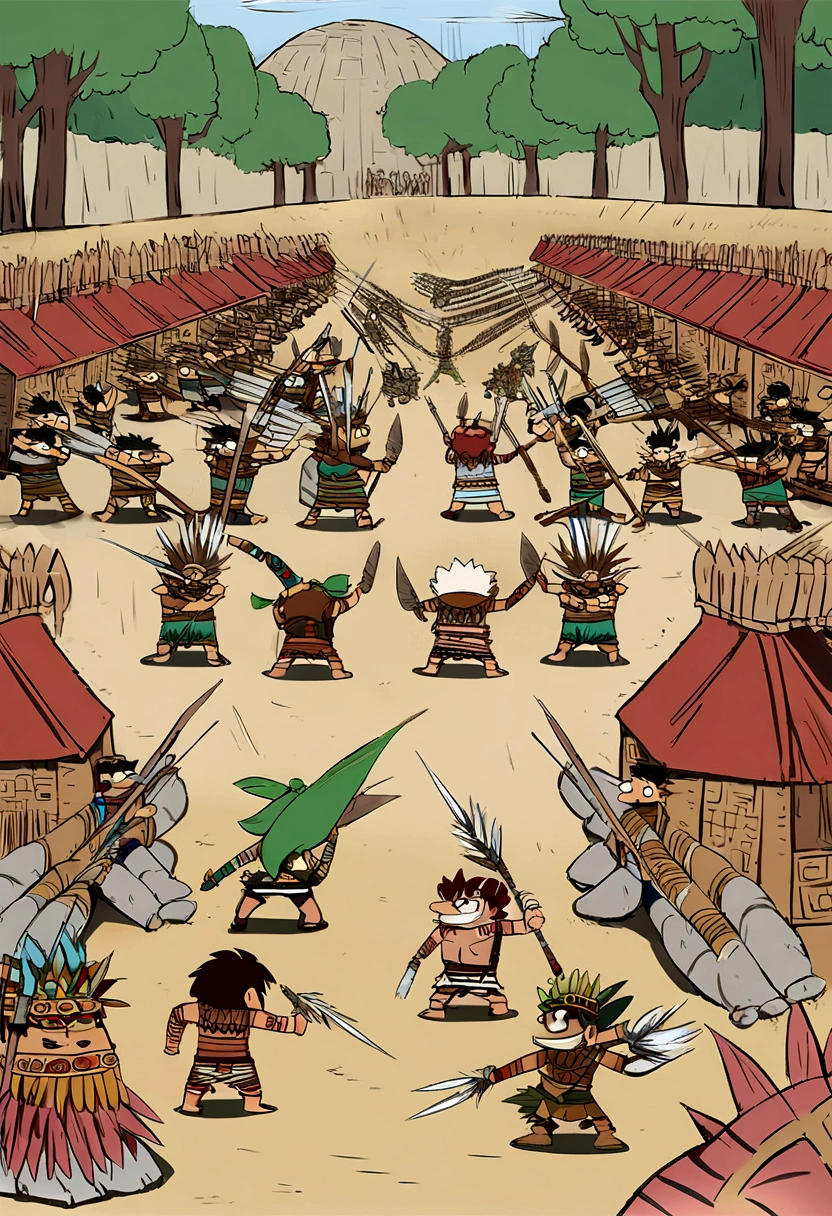 manga, toons, anime: battle between the AZTEC ARMY AND THE MAYAN ARMY, FIERCE BATTLE, HD, rain of atlatl crystal spears, bow and arrow, slings and blowguns, and for hand-to-hand combat they used spears, mallets and, probably , knives, lots of action and color