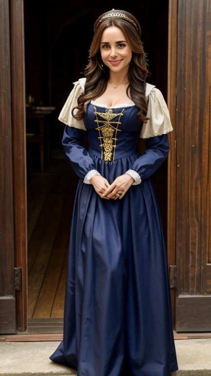 Eliza Dushku dressed in traditional 15th century clothing with a smile