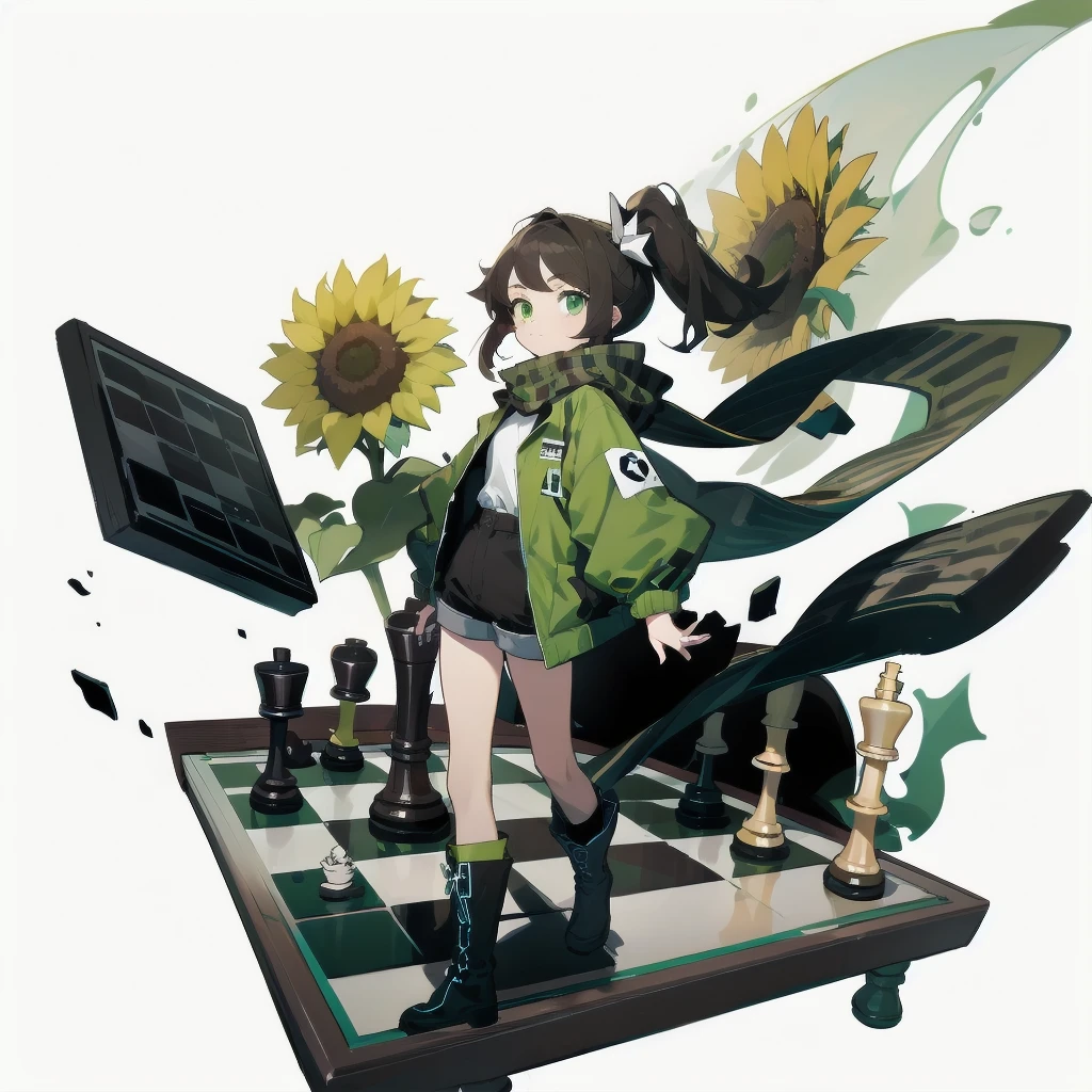 [(White background:1.15), ::2]Solitary, Medium shot, whole body，High saturation a girl，（Brown side ponytail），dynamic，Green eyes，[White background 1::5]，Dark green windbreaker，shorts，Black Silk，（Stand on a giant chess board），boots， Black and white diamond tiles on the floor，（（（White background1::5））），（（（beautiful eyes））），（（Facial portrayal）），（（Delicate face）），Sunflower decoration，（Flowing scarf）