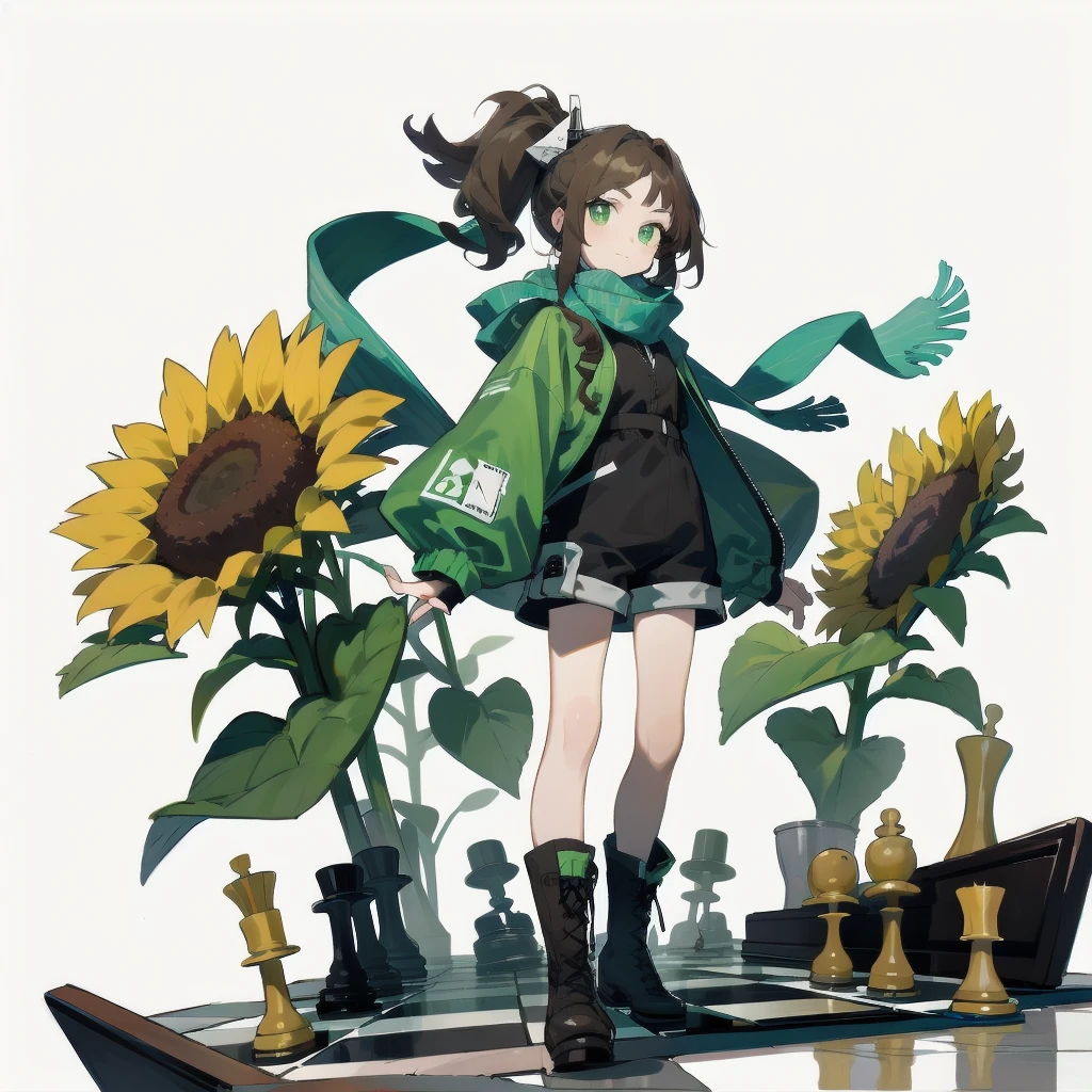 [(White background:1.15), ::2]Solitary, Medium shot, whole body，High saturation a girl，（Brown side ponytail），dynamic，Green eyes，[White background 1::5]，Dark green windbreaker，shorts，Black Silk，（Stand on a giant chess board），boots， Black and white diamond tiles on the floor，（（（White background1::5））），（（（beautiful eyes））），（（Facial portrayal）），（（Delicate face）），Sunflower decoration，（Flowing scarf）