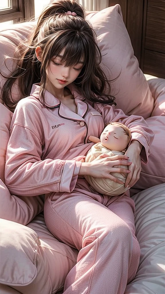 Sleeping girl, 22 years old, realistic, she is wearing long pants, she is wearing pink pajama, brown hair.