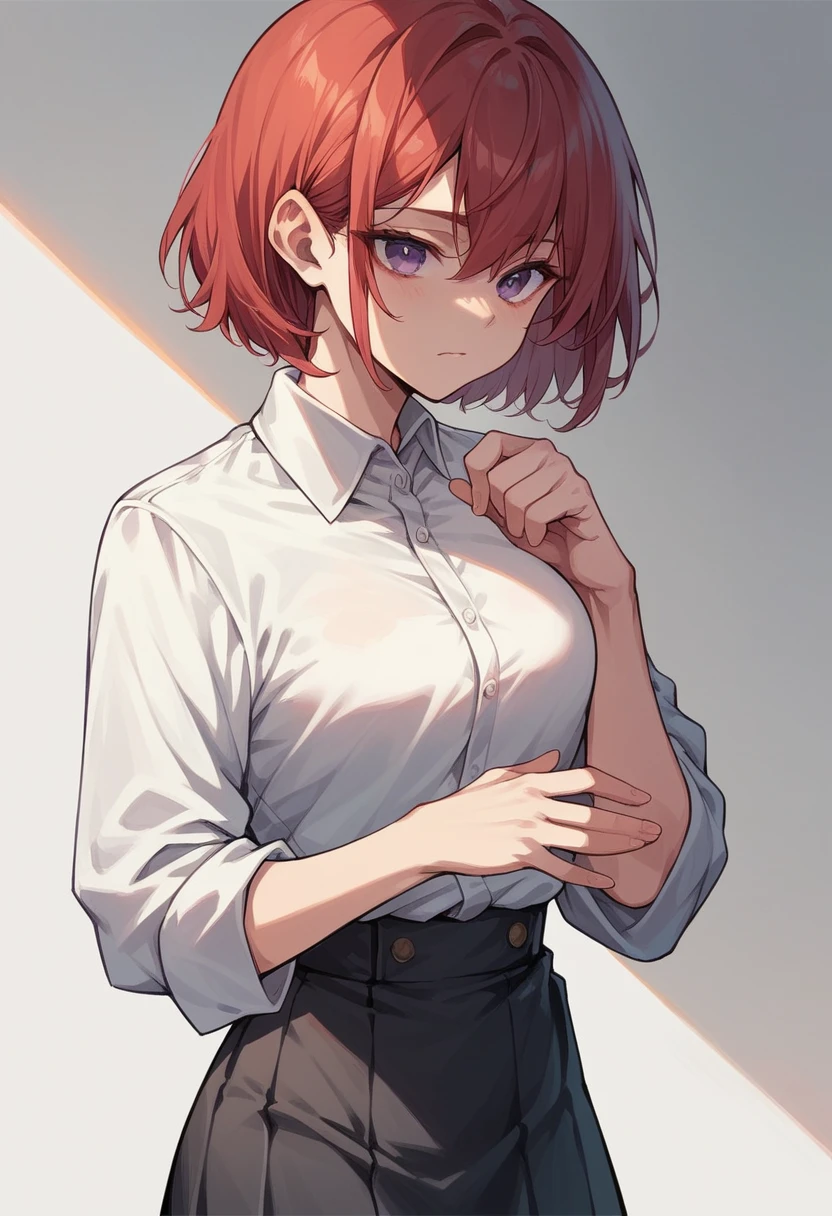 girl showing hands with short red hair and purple eyes in black skirt and white shirt