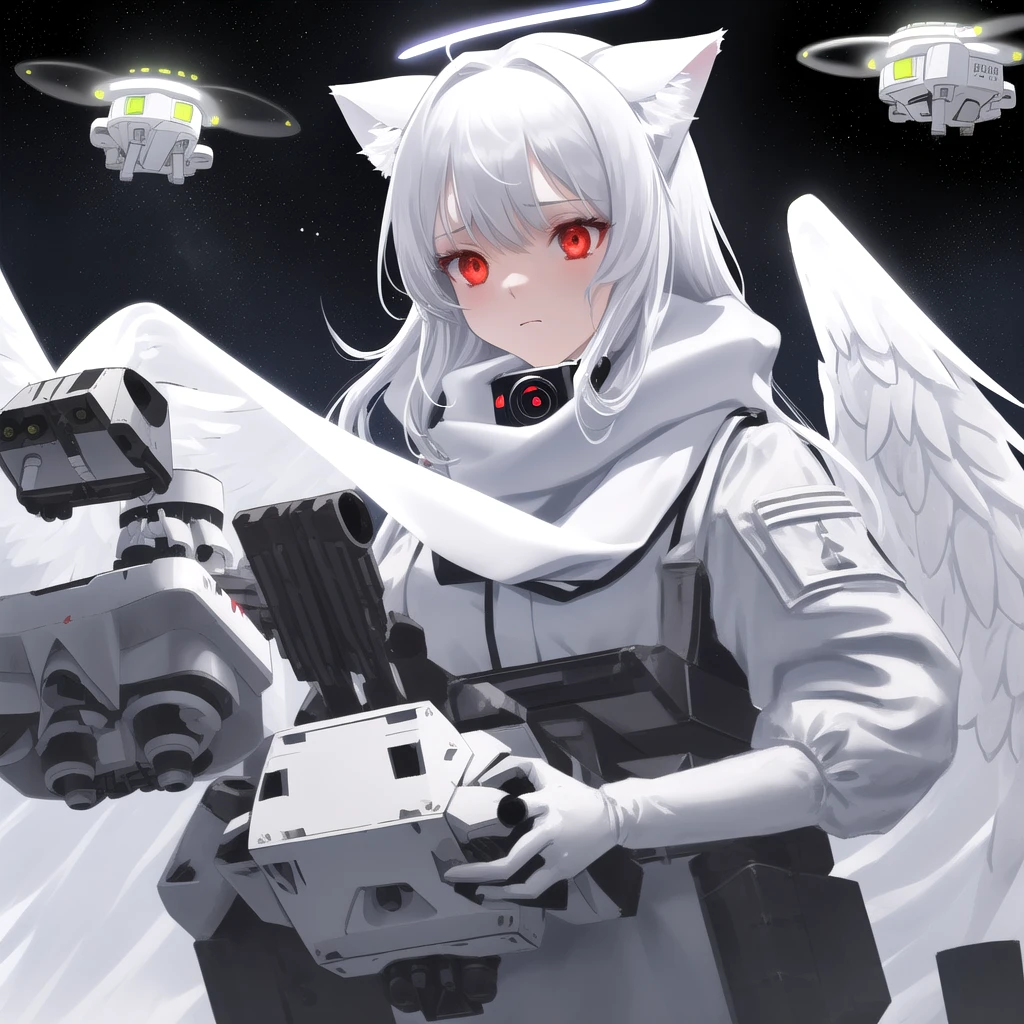 masterpiece, highest quality, highest resolution, clear_image, detailed details, White hair, long hair, cat ears, 1 girl, red eyes, light blue glowing military gear, sci-fi drones (drones flying around), white scarf (white scarf around the neck), gray futuristic halo (gray halo over the head), white futuristic wings, holding realistic gun, cute, no water marks, outer space (earth's orbit)