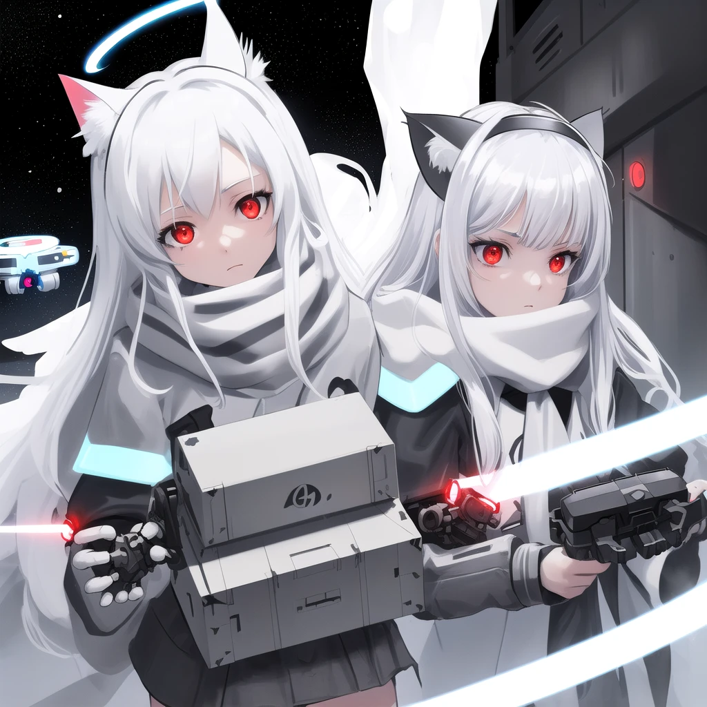masterpiece, highest quality, highest resolution, clear_image, detailed details, White hair, long hair, cat ears, 1 girl, red eyes, light blue glowing military gear, sci-fi drones (drones flying around), white scarf (white scarf around the neck), gray futuristic halo (gray halo over the head), white futuristic wings, holding realistic gun, cute, no water marks, outer space (earth's orbit)