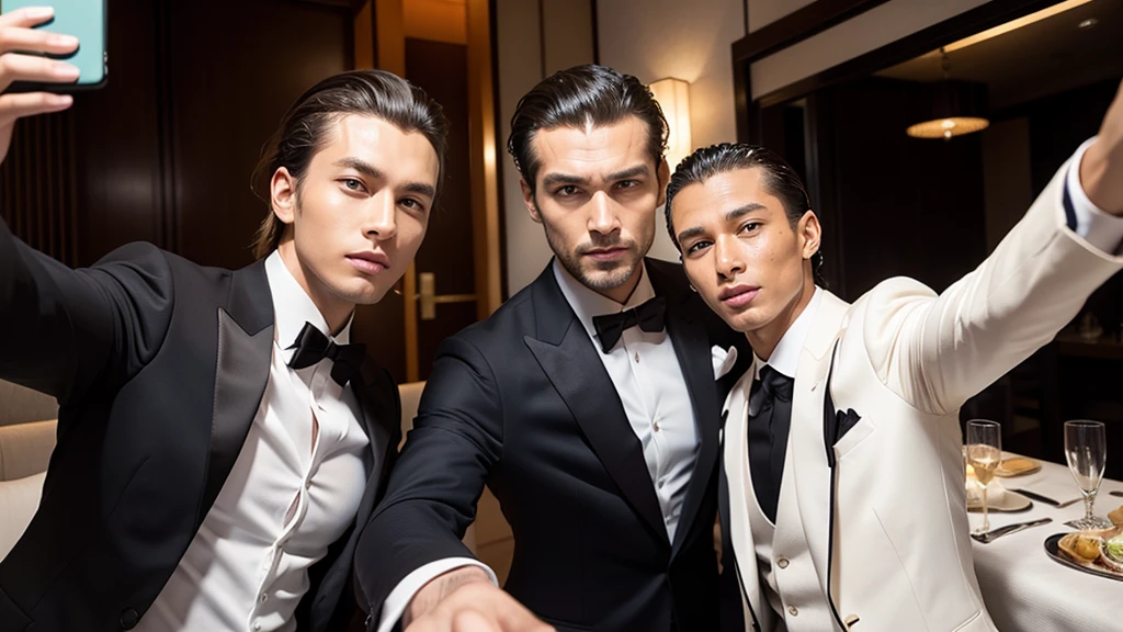 A man with his bangs down and a man with his hair slicked back are taking a selfie, suit, Luxury, Japanese