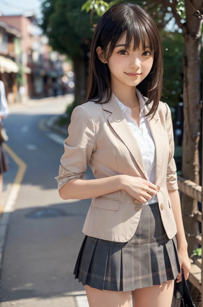 One Woman、((Standing wearing a blazer and miniskirt school uniform))、,((small breasts)),Highest quality、Very delicate and beautiful、((Very short bangs))、((Bangs))、Shiny black hair、Highest quality、Very delicate and beautiful、((Very short bangs))、((blunt bangs))、((long hair))、Cute face、Young face、Cute like an idol、Are thin、Slim figure、slender、Short、 body type、((The background is a Japanese townscape))、Thighs、Photographed from the front、The best smile、